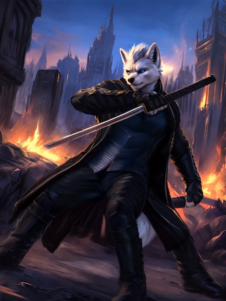 Vergil, blue clothing, robe, katana with white handle, devil may cry, white hair, slick back, blue eyes, cold stare, holding katana, detailed, realistic, dynamic pose, swinging katana, facing viewer, fight scene, running, detailed background, destroyed city background, fire, arctic fox, white fur, high quality, highest quality, by zackary911, by chunie, katana
