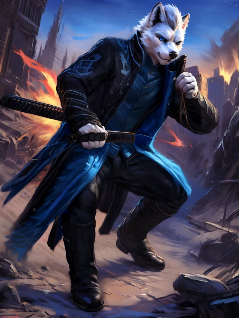 Vergil, blue clothing, robe, katana with white handle, devil may cry, white hair, slick back, blue eyes, cold stare, holding katana, detailed, realistic, dynamic pose, swinging katana, facing viewer, fight scene, running, detailed background, destroyed city background, fire, arctic fox, white fur, high quality, highest quality, by zackary911, by chunie, katana