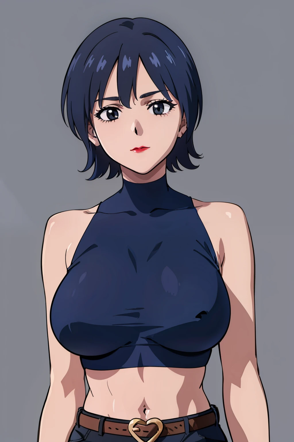 mikictr, 1girl, solo, black eyes, closed mouth, lipstick, large breasts, crop top, midriff, navel, upper body, standing, belt, blue short shorts, simple background