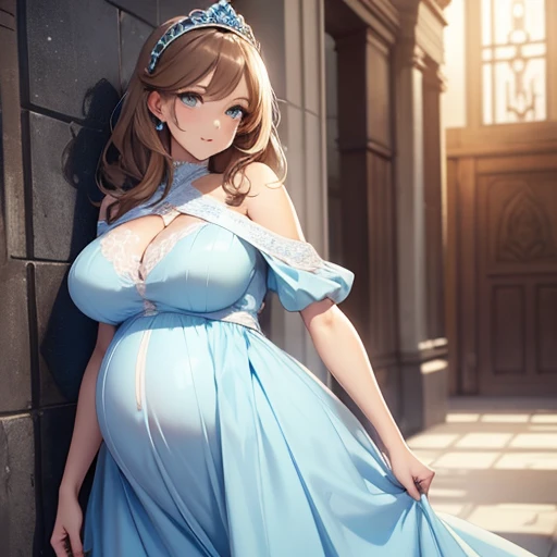 Sexy pregnant princess, elegant tight light blue dress with white details, brown hair, blue eyes, mature