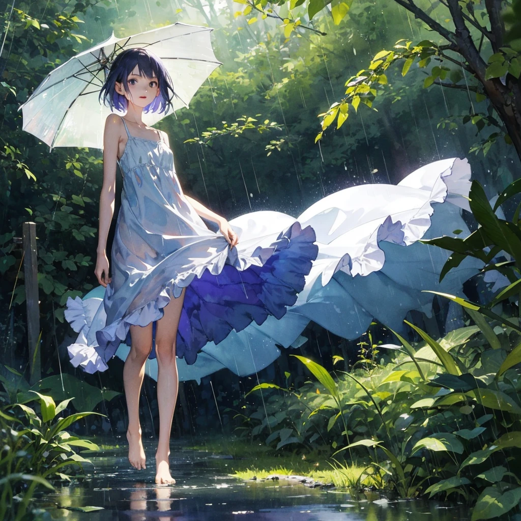 a slender girl with a very beautiful exquisite face barefoot in a very short light summer sundress in the rain in the summer forest, purple thunderstorm, in watercolor style
