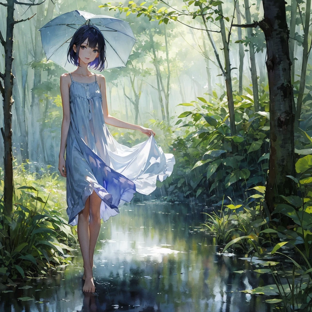 a slender girl with a very beautiful exquisite face barefoot in a very short light summer sundress in the rain in the summer forest, purple thunderstorm, in watercolor style