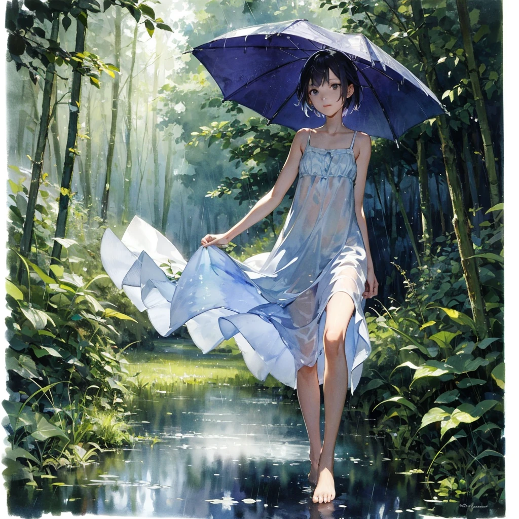 a slender girl with a very beautiful exquisite face barefoot in a very short light summer sundress in the rain in the summer forest, purple thunderstorm, in watercolor style