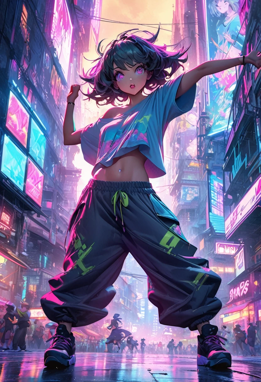 A cute anime girl performing dynamic popping moves, Her body is sharp, Precise movements. Dancer wearing oversized t-shirt and baggy pants, Popular dance poses, Urban Street Style, Loose clothing, Vibrant colors, Dynamic Movement, Street dance background, Futuristic cityscape with neon lights in the background. High-quality illustrations, Vibrant colors, Fine fabric texture. Color illustrations, Very detailed, high resolution, Digital style, Natural Lighting, masterpiece, HD, Rendered in Octane style, Surrealism.