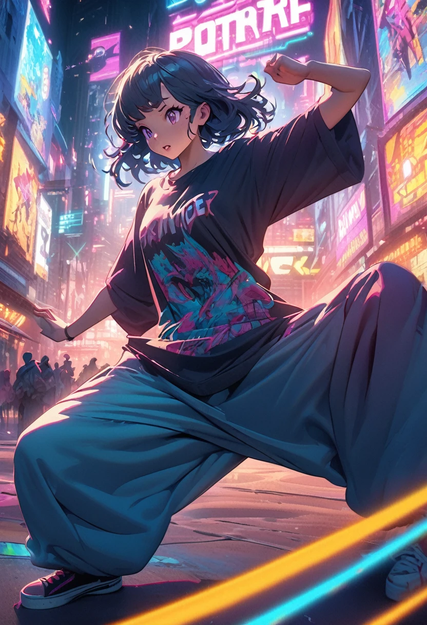 A cute anime girl performing dynamic popping moves, Her body is sharp, Precise movements. Dancer wearing oversized t-shirt and baggy pants, Popular dance poses, Urban Street Style, Loose clothing, Vibrant colors, Dynamic Movement, Street dance background, Futuristic cityscape with neon lights in the background. High-quality illustrations, Vibrant colors, Fine fabric texture. Color illustrations, Very detailed, high resolution, Digital style, Natural Lighting, masterpiece, HD, Rendered in Octane style, Surrealism.
