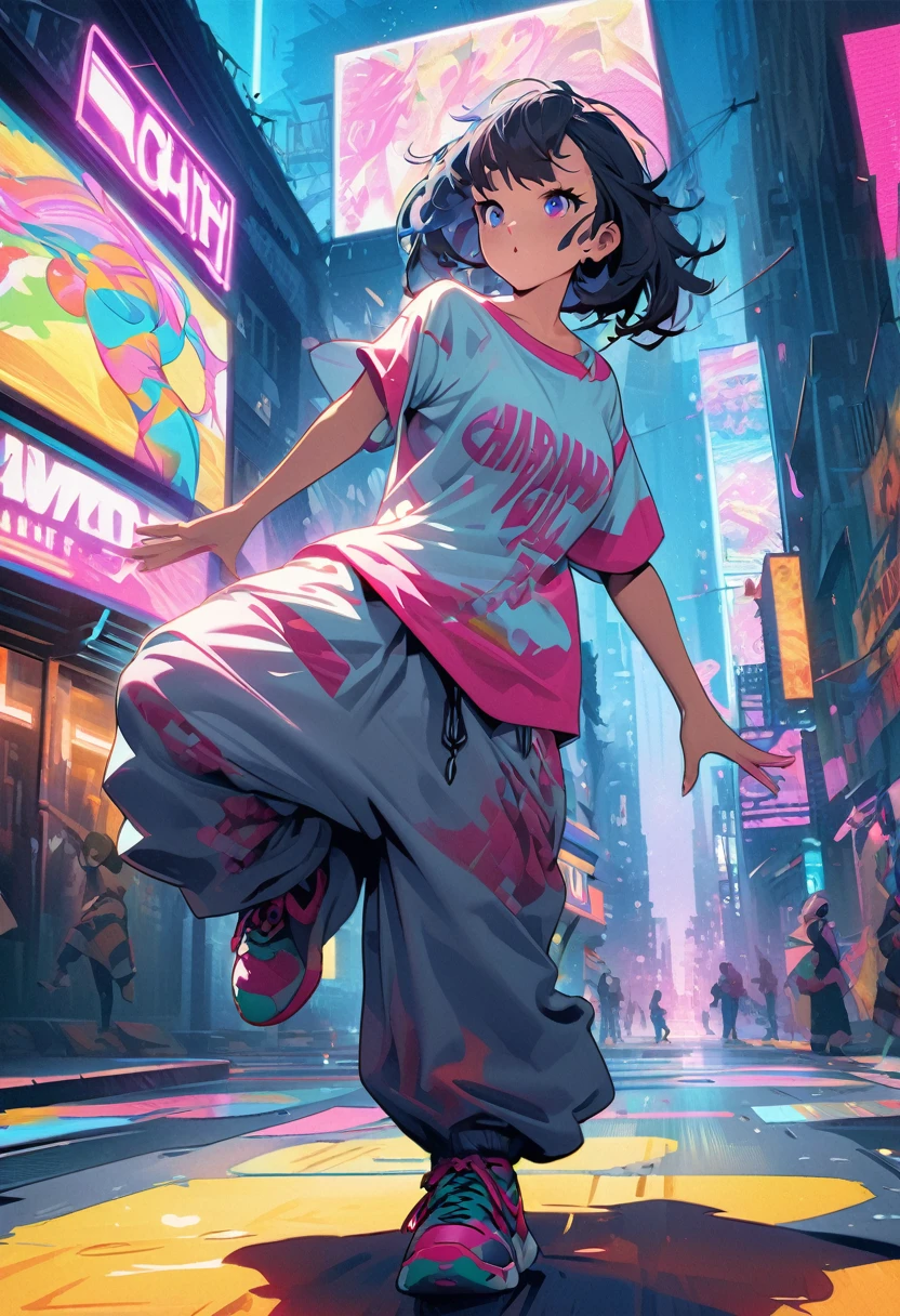 A cute anime girl performing dynamic popping moves, Her body is sharp, Precise movements. Dancer wearing oversized t-shirt and baggy pants, Popular dance poses, Urban Street Style, Loose clothing, Vibrant colors, Dynamic Movement, Street dance background, Futuristic cityscape with neon lights in the background. High-quality illustrations, Vibrant colors, Fine fabric texture. Color illustrations, Very detailed, high resolution, Digital style, Natural Lighting, masterpiece, HD, Rendered in Octane style, Surrealism.