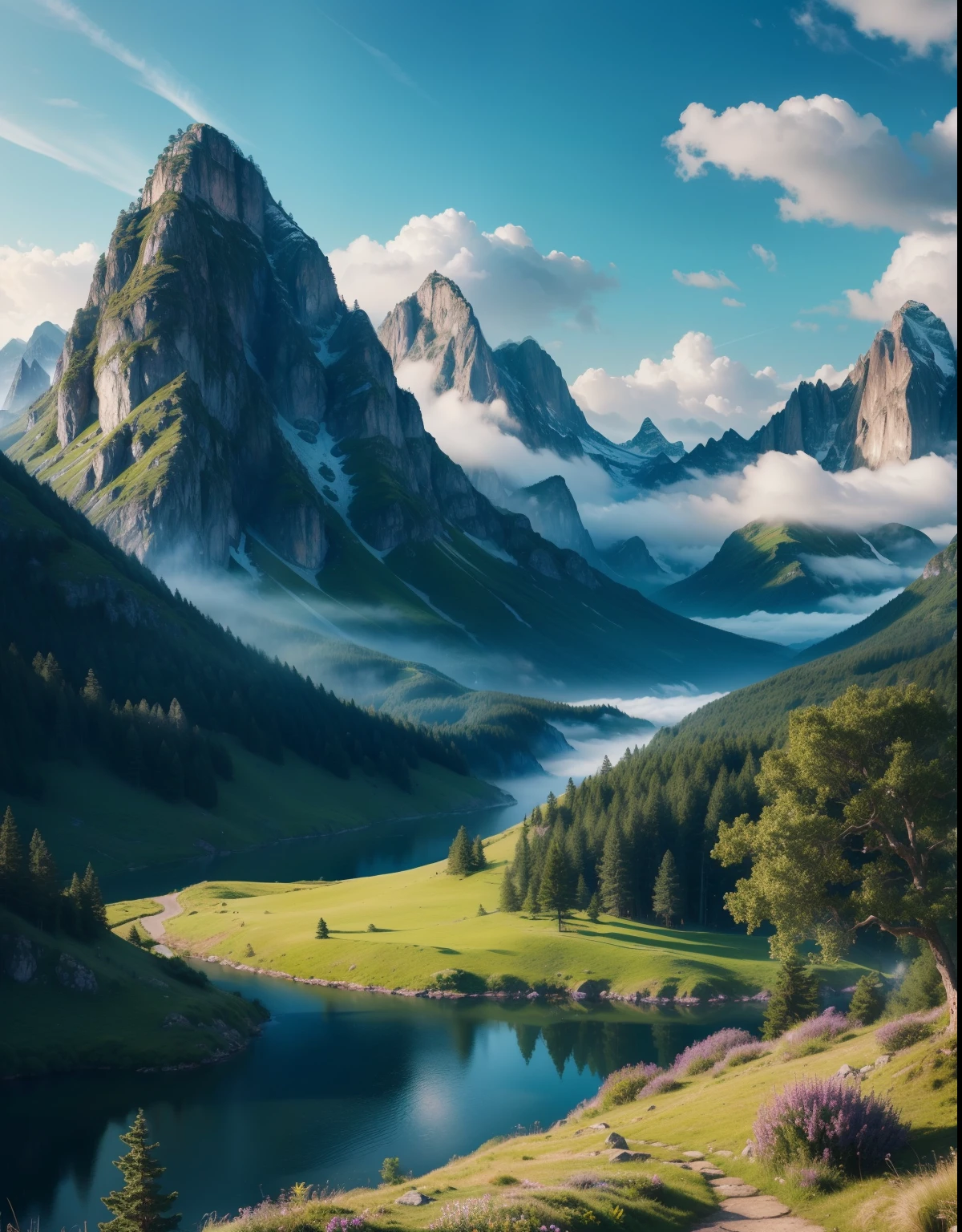 detailed fantasy magical mountainous landscape, rolling hills, lush vegetation, crystal clear lake, dramatic lighting, vivid colors, mist, cinematic composition, (best quality,8k,highres,masterpiece:1.2),ultra-detailed,(realistic,photorealistic,photo-realistic:1.37),dramatic lighting,vibrant colors,stunning scenery,serene atmosphere