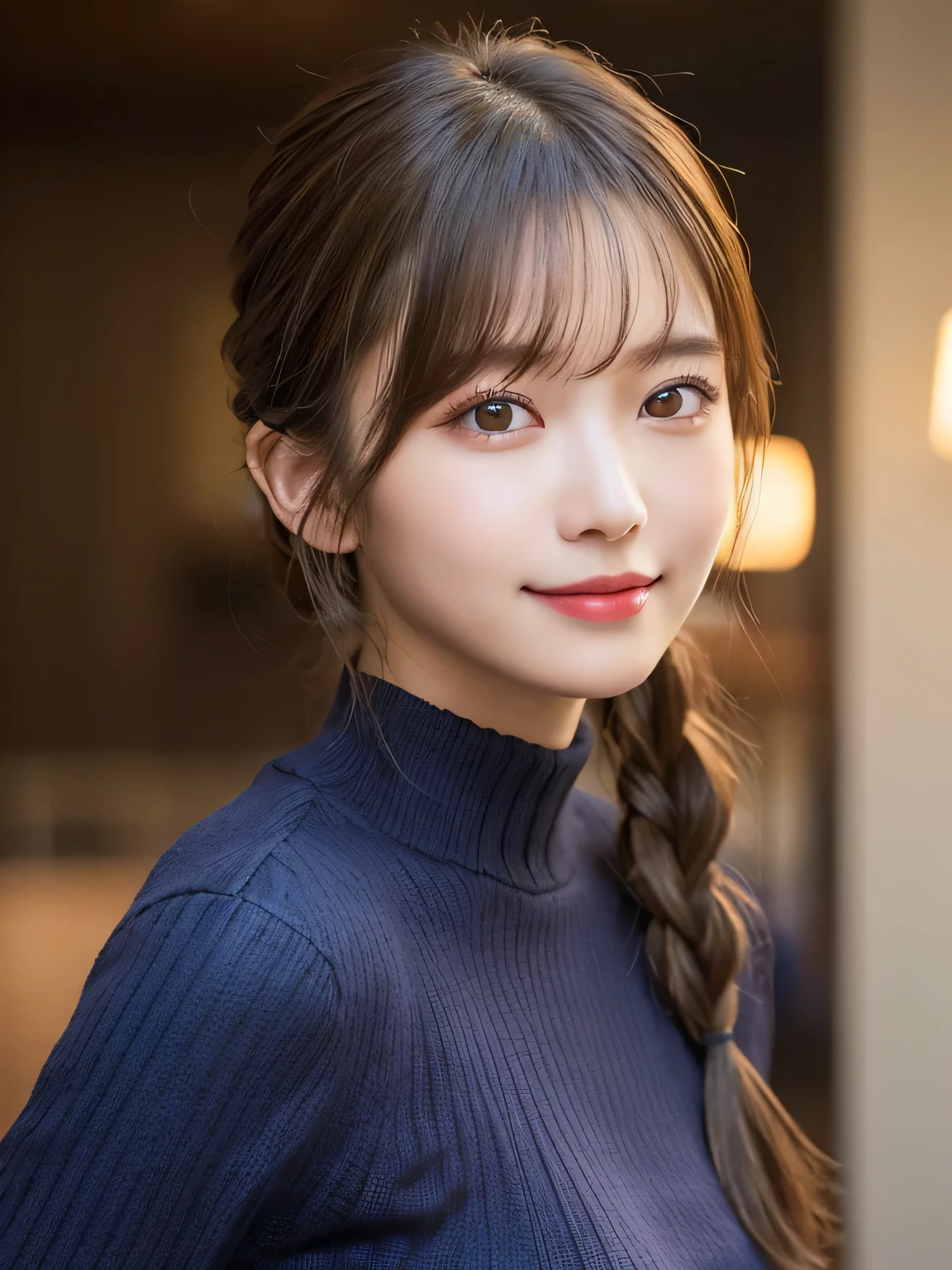 (masterpiece:1.3), (8K, Photorealistic, Raw photo, Best image quality: 1.4), 20-year-old girl、(Random Hairstyles:1.2)、Super detailed face、Attention to detail、double eyelid、Sharp focus:1.2、Beautiful woman:1.4、Light brown hair、ponytail、Natural color lip、Highest quality、masterpiece、Ultra-high resolution、(Photorealistic:1.4)、Highly detailed and professional lighting、Wear a dark blue sweater、thin、Serious expression、Clear Skin、Random pose、Shiny Hair、Sculpture model pose、ponytail、One-sided braid、smile