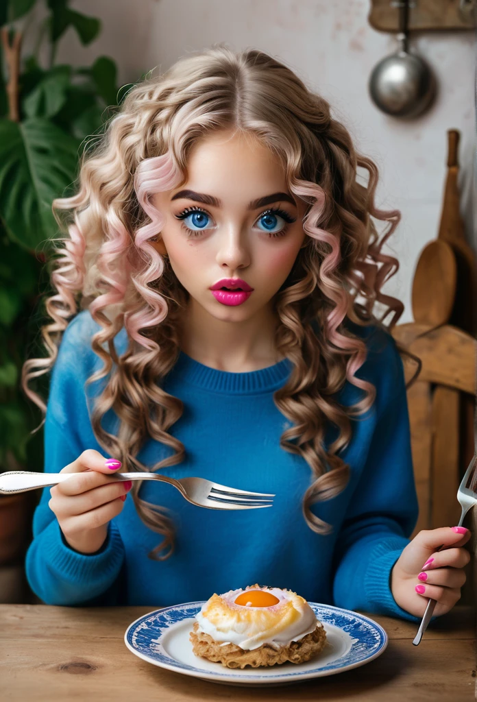 A girl a table ((big wide gree eyes)) pink lips.. wearing blue pull overs. Long ears. White and brown mix hair in curls. Holding a fork and a knife in her hands. ((On  huge eyeball is on a plate in front of her))