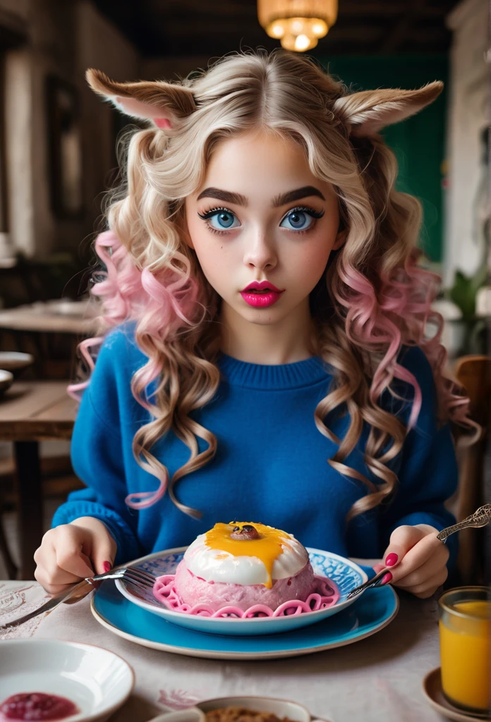 A girl a table ((big wide gree eyes)) pink lips.. wearing blue pull overs. Long ears. White and brown mix hair in curls. Holding a fork and a knife in her hands. ((On  huge eyeball is on a plate in front of her))