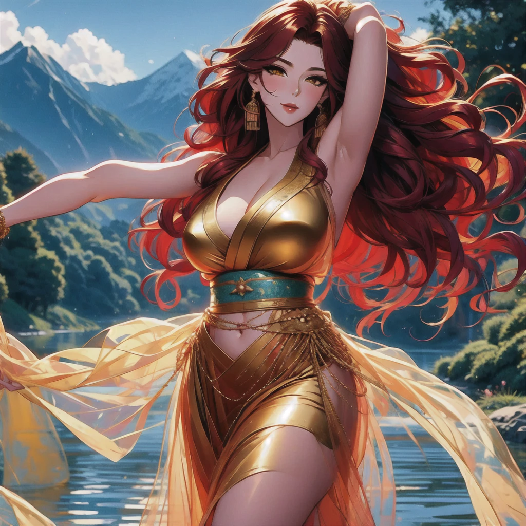 (masterpiece, best quality: 1.2), 1 female, solo, dancing alone, Xian Mei, unique golden eyes, long red curly hair, detailed face, beautiful face, jewelry, perfect anatomy, perfect body, traditional belly dance dress, medieval china, sexy, hot, beautiful background, belly dance, dance, beautiful dance, mountains in the background, flowers,