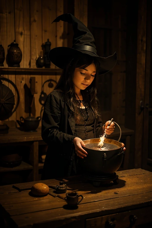 A little witch from Galicia with a cauldron making a spell
