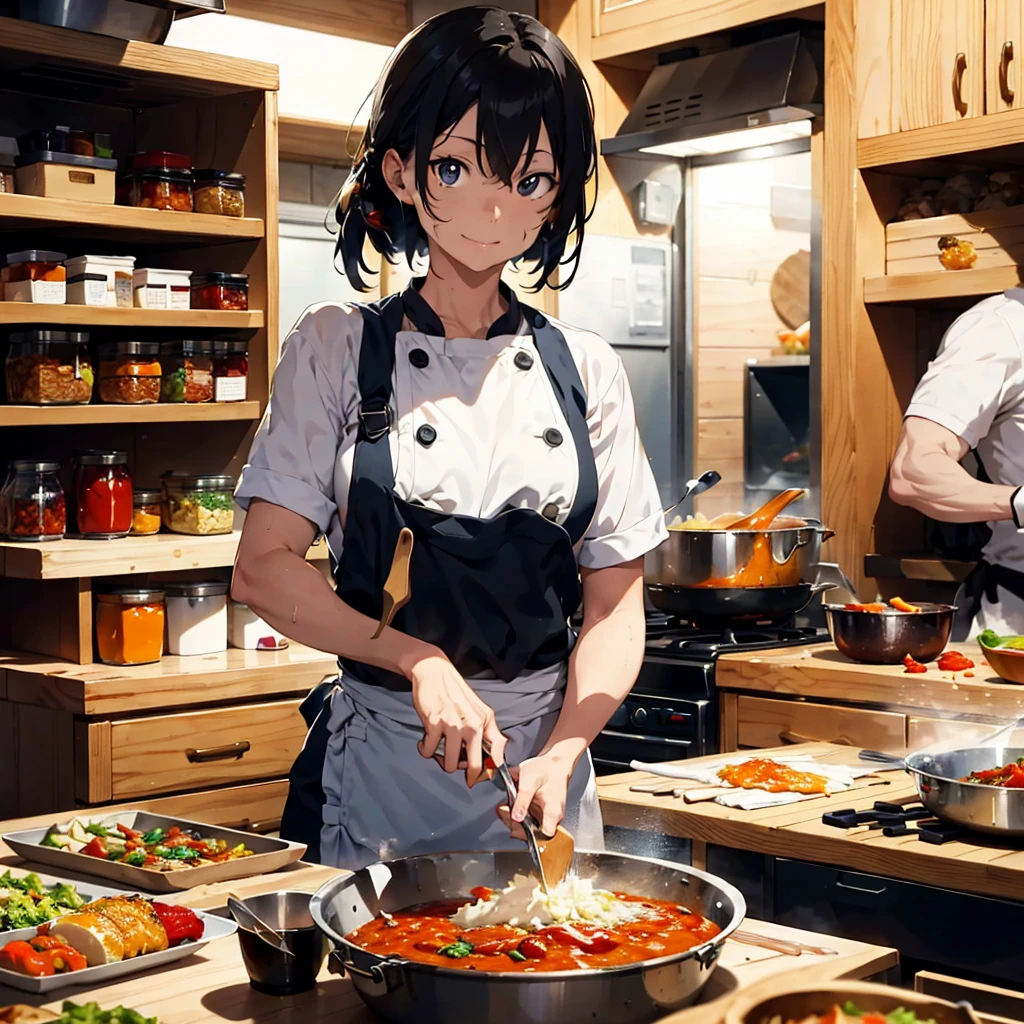 A lively and vibrant kitchen scene inspired by the manga "Food Wars." The space is filled with intense colors, reminiscent of a fiery inferno. Chefs are busy preparing and cooking dishes, while sweat pours down their faces. The background showcases various ingredients and cooking tools, all emitting a warm, golden glow. A sense of friendly competition fills the air, as the chefs focus on creating the most exquisite culinary masterpieces., anime