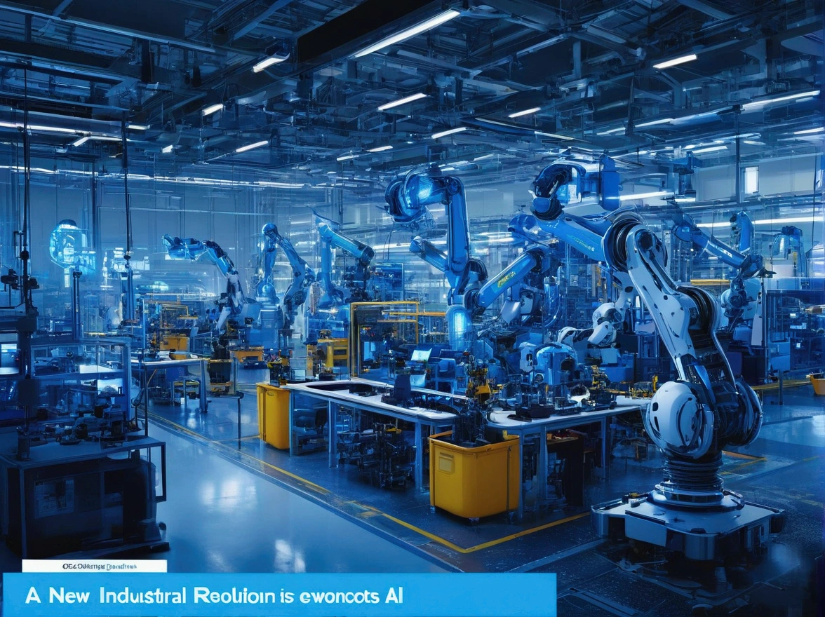 A compelling image of a factory setting transitioning into a high-tech environment with robots and AI interfaces. The text "A New Industrial Revolution" is displayed at the top in bold blue letters. The background should depict the evolution from industrial machinery to advanced AI technologies, emphasizing the significant shift.
