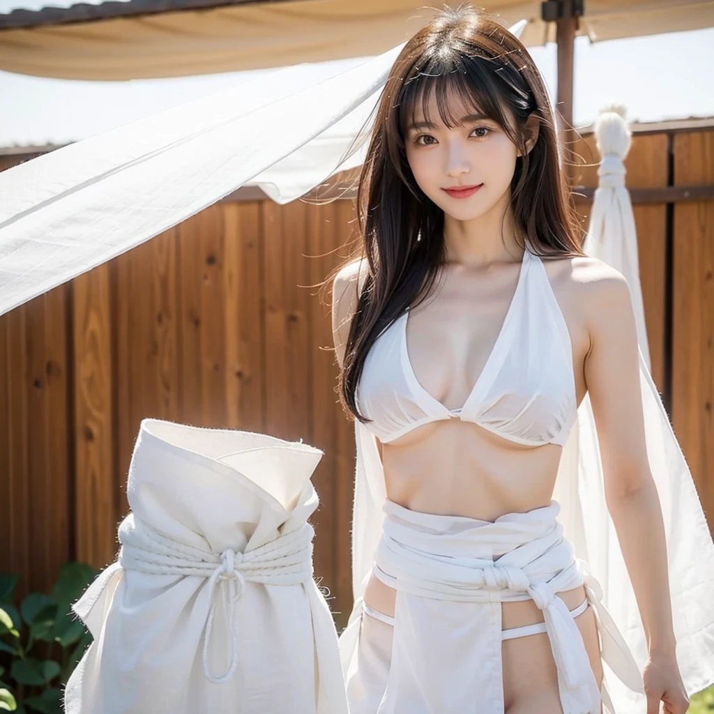 日本people、１people、The most beautiful woman、smile、Shyness、clear、Shiny black hair、Photo Style、length, bangs、light makeup、Standard face、(((Wearing a white Etchu loincloth)))、((Light clothing:0.5))、(She is hiding her breasts by wrapping a cloth around her chest.)、Summer festival、(((Showing off your loincloth))), 32k, Raw photo、Highest quality