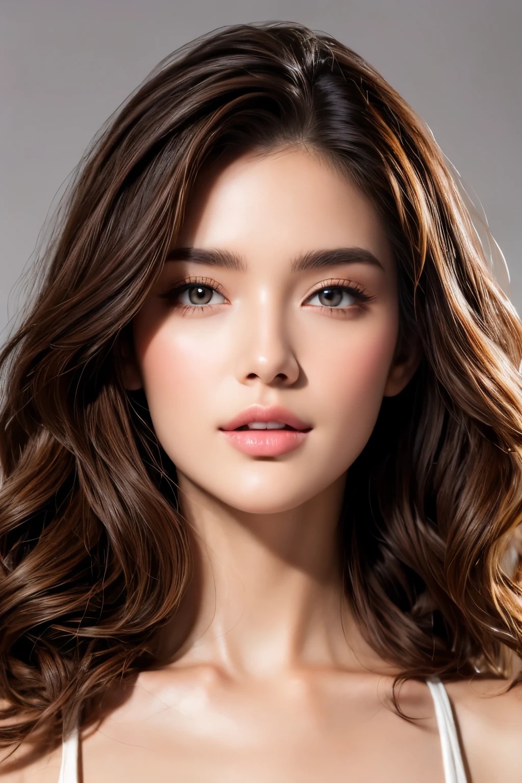 Extremely beautiful illustration of a stunning girl, 18 yo, very detailed and sharp facial features, very detailed and shinning natural hairs, very detailed and shinning glossy eyes, detailed full glossy lips, detailed white teeth, detailed sharpnose, perfect symmetrical face, very detailed and natural round medium breasts,