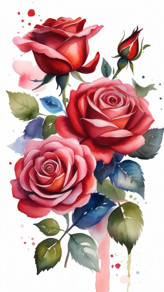 Draw red roses in watercolor painting pattern. 