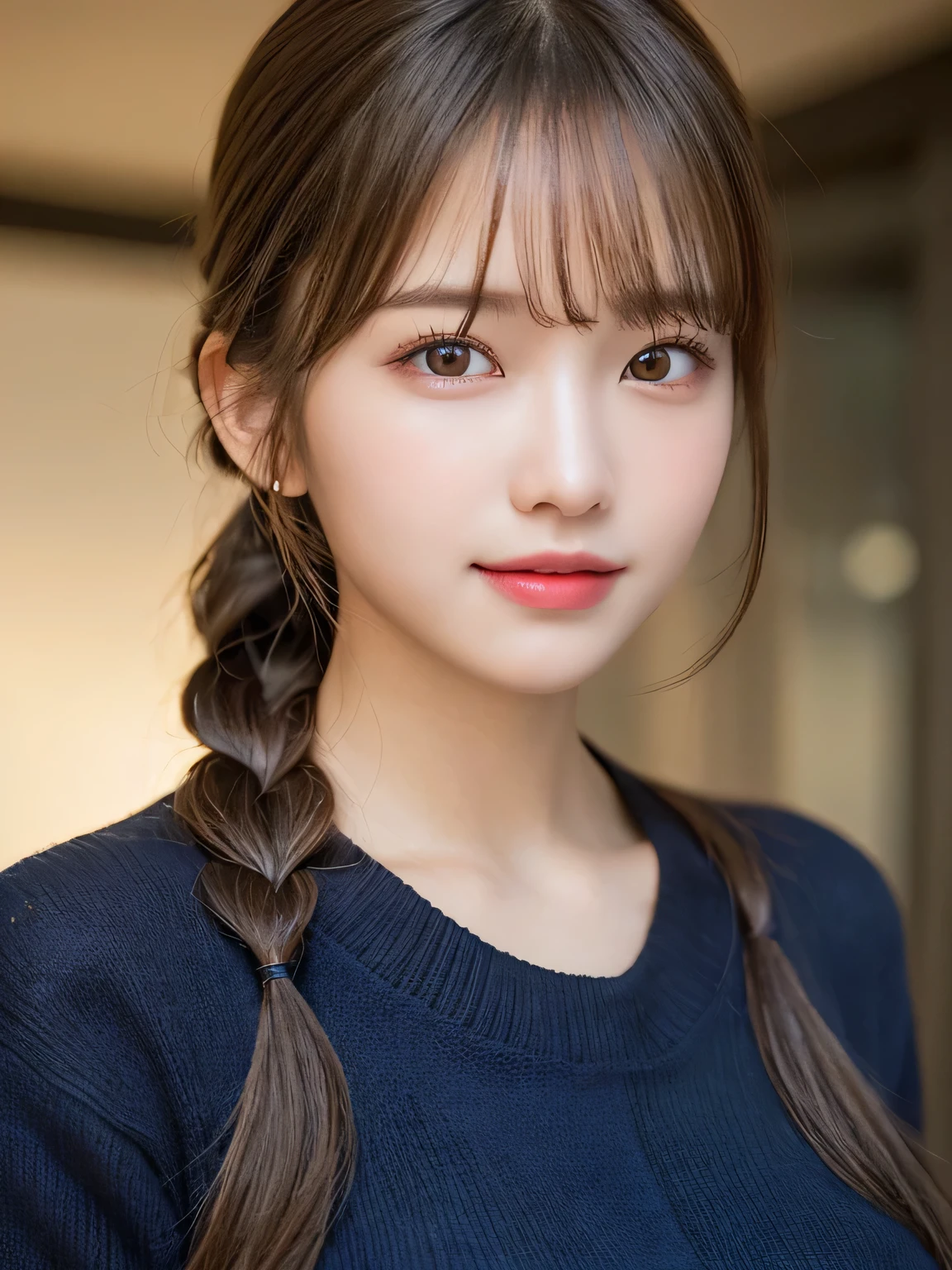 (masterpiece:1.3), (8K, Photorealistic, Raw photo, Best image quality: 1.4), 20-year-old girl、(Random Hairstyles:1.2)、Super detailed face、Attention to detail、double eyelid、Sharp focus:1.2、Beautiful woman:1.4、Light brown hair、ponytail、Natural color lip、Highest quality、masterpiece、Ultra-high resolution、(Photorealistic:1.4)、Highly detailed and professional lighting、Wear a dark blue sweater、thin、Serious expression、Clear Skin、Random pose、Shiny Hair、Sculpture model pose、ponytail、One-sided braid、smile