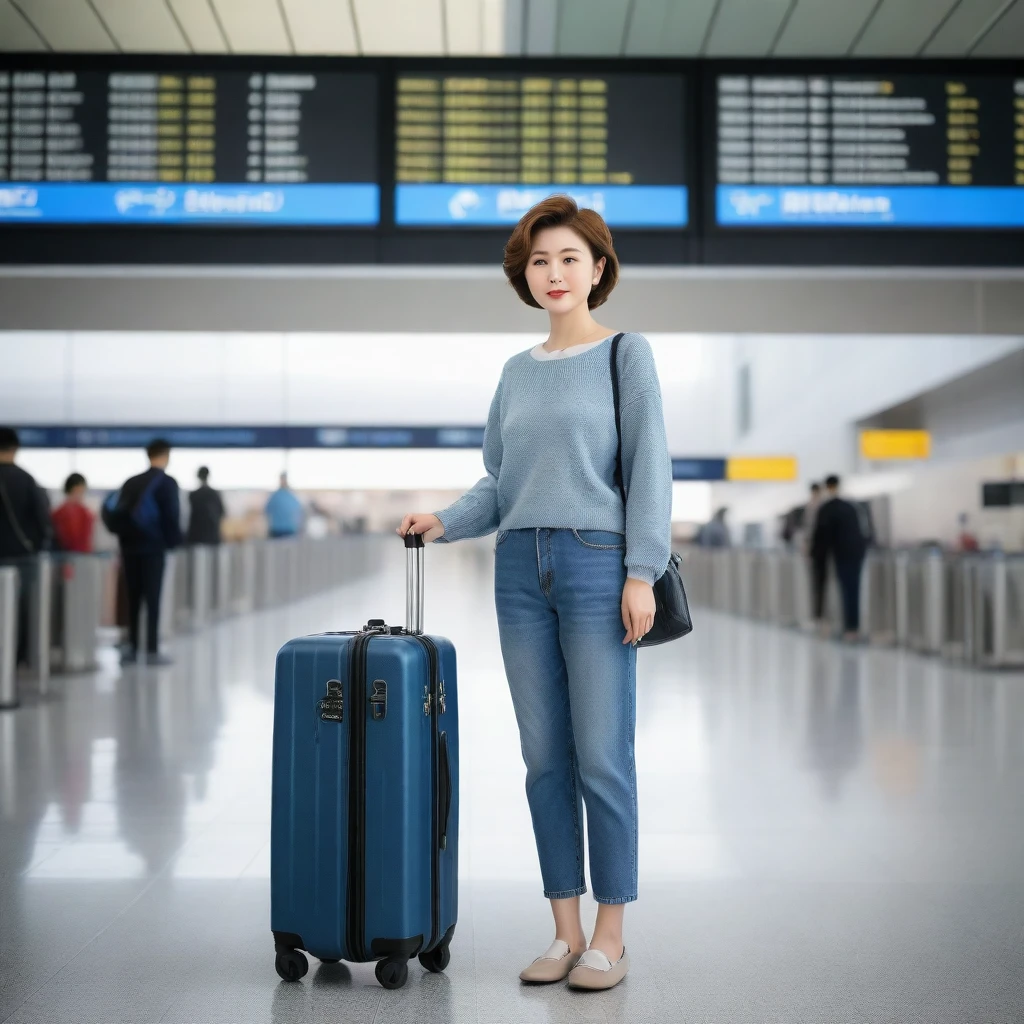 Beautiful 50s Korean woman , 32 inch chest size, Your eyes are big and pretty. Short in stature. Standing in the departure hall of the airport. . short medium hair, Standing in line at the departure hall of Frankfurt Airport, Germany. Wear comfortable travel clothes with jeans. I wore a crumpled jumper .Dragging a suitcase. short medium hair, short height, Full body shot with Canon camera 16-35 wide angle lens, short medium hair. expressionless, full body shot, perfect fingers, Make the airport electronic display visible, 멀리 full body shot, I see an electronic display board, short woman, Standing in line at the airport departure hall
