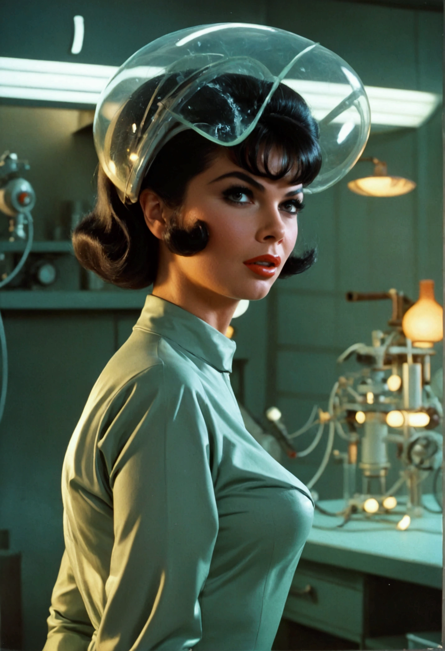 jayne mansfield (age 25, young and vibrant, sexy sci fi scientist), damsel in distress, recoiling from a terrible monster. science lab 1960s sci fi cinema. Show all of her, full body shown