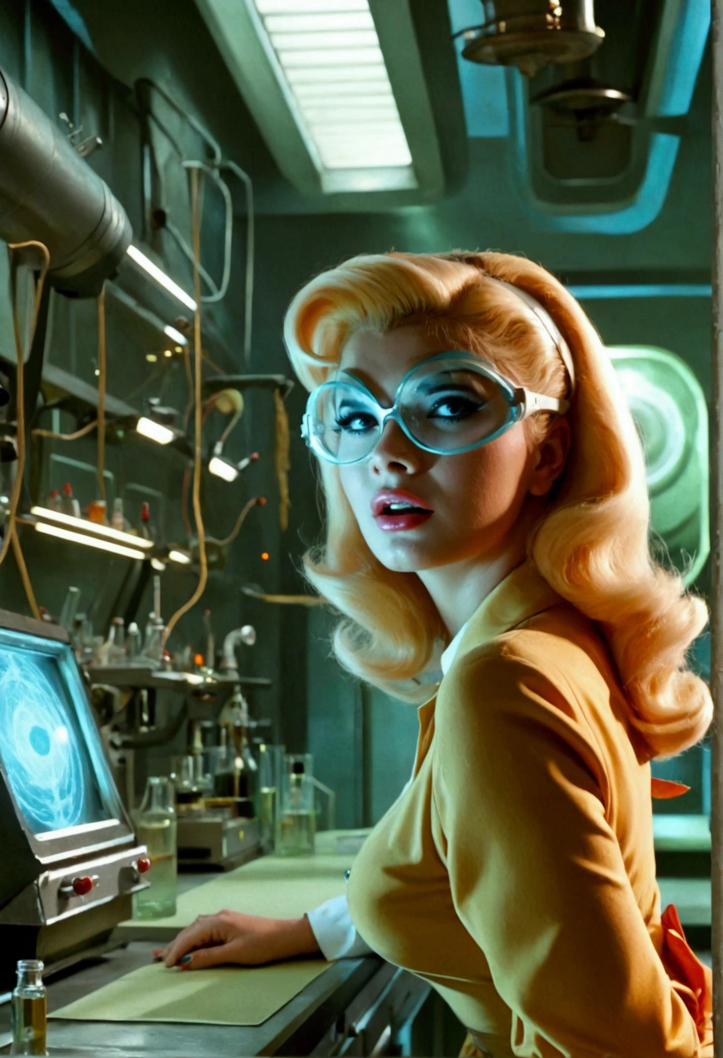 jayne mansfield (age 25, young and vibrant, sexy sci fi scientist), damsel in distress, recoiling from a terrible monster. science lab 1960s sci fi cinema. Show all of her, full body shown