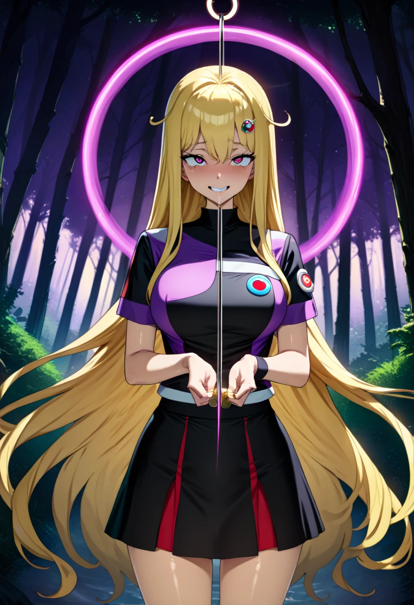 (masterpiece),(Highest quality),(Super detailed),(Best illustrations),(Best Shadow),(Absurd),(Detailed Background),(so beautiful),(in forest),(Pokémon trainer outfit with skirt), 16K, 8K,(Best illustrations),(so beautiful),(swinging pendulum, coin on string), (pendulum radiates purple energy) (full attention on pendulum), One person, alone, very long hair, Blonde, Perfect figure, spiral-shaped pupils, orgasm, afterglow, erotic smile, pokeball badge hair fastening, Sexy posture, pose towards camera, water eyes, saliva trail, , shiny skin, Taking illegal drugs, , torogao, ahegao, BREAK, Clear liquid, morning, , Hypnosis assignment, mysterious, , spoken hearts, hands gripping body,