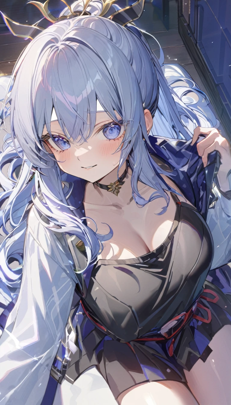 Ayaka, Long Blue Hair, Beautiful Face,smile,Close up to the hips, Mid-chest, Sit on the bed, Beautiful white pajamas, (Open your mouth:0.4),figure,Detailed Texture(Realist),Super detailed,Portrait Style,Vibrant colors,Soft lighting, Blushing, mature, No bra, Hair fluttering, Soft Breasts