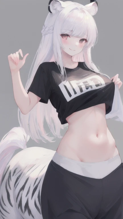 (best quality, masterpiece), 1 girl, centaur, It takes, White skin, Korean woman, black pink,Smiling, exposing the abdomen, belly button t-shirt , 아름다운 소녀 perfect white tiger photo, perfect white tiger photo