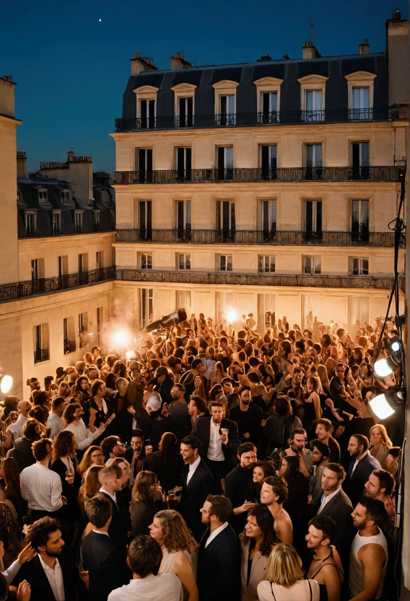 A photo of a party. small informal crowd, boisterous lively crowd. trendy, casual diverse people. 21st century contemporary city. On a rooftop courtyard, in Paris. 17th arrondissement. grand building. makeshift stage. band playing including celebrity DJs, Musicians, rappers, singers, dancers, musicians are surrounded by a happy crowd. people dancing. people dancing on speaker stacks. lights. smoke machine. Television film crew. sundown