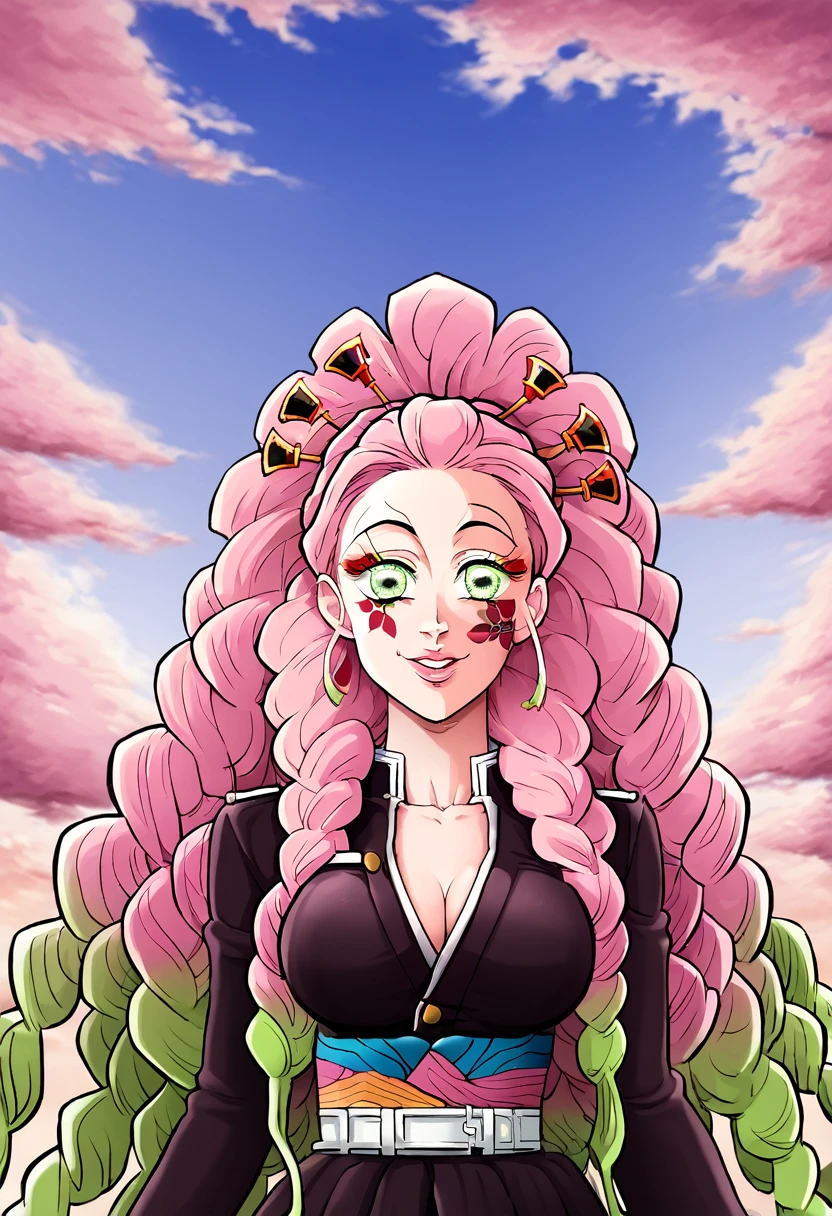 a girl from the world of Kimetsu no Yaiba, beautiful detailed eyes, beautiful detailed lips, extremely detailed face, long eyelashes, demon slayer uniform, sweet smile, sky background, simple art style, cartoon body, anime art