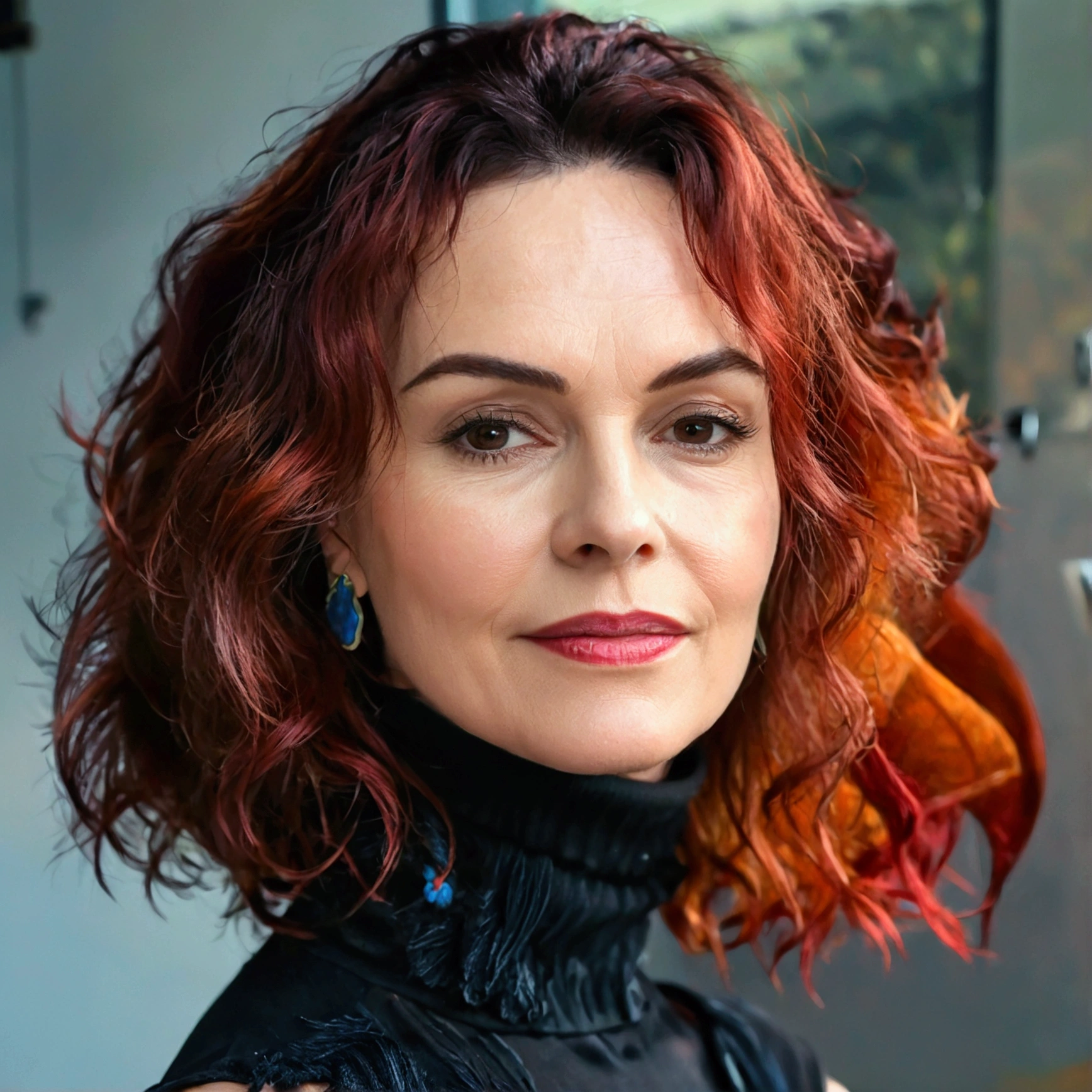 there is a woman with red hair and a black turtle neck,woman with red hair, Portrait of a woman with red hair, vibrant and vibrant red hair, , curly red hair, with curly red hair, color portrait, headshot portrait, curly red hair