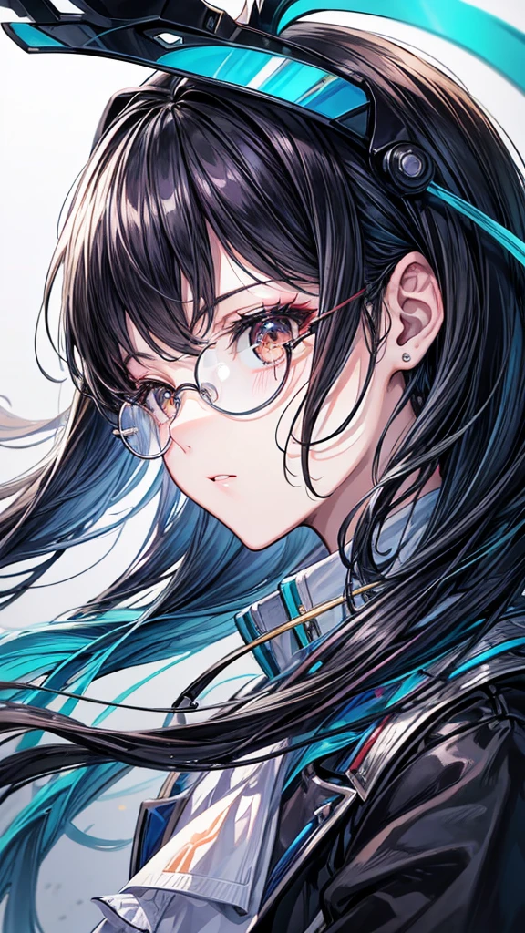super masterpiece、Masterpiece、High quality、Best Quality、1 girl、Cyber City、Black hair blunt、Round Glasses、A profile of a man gazing into the distance with a nostalgic gaze