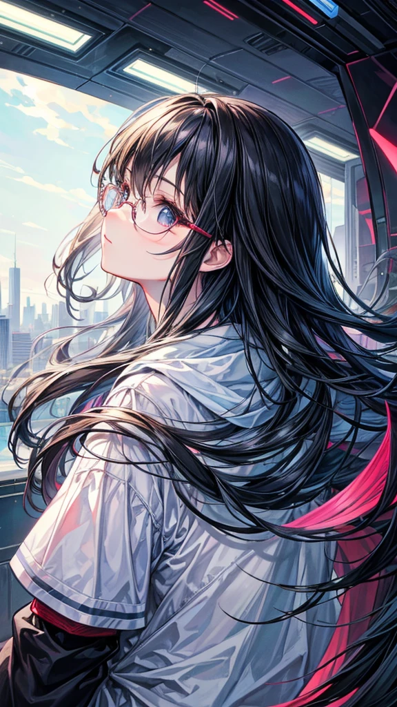 super masterpiece、Masterpiece、High quality、Best Quality、1 girl、Cyber City、Black hair blunt、Round Glasses、A profile of a man gazing into the distance with a nostalgic gaze