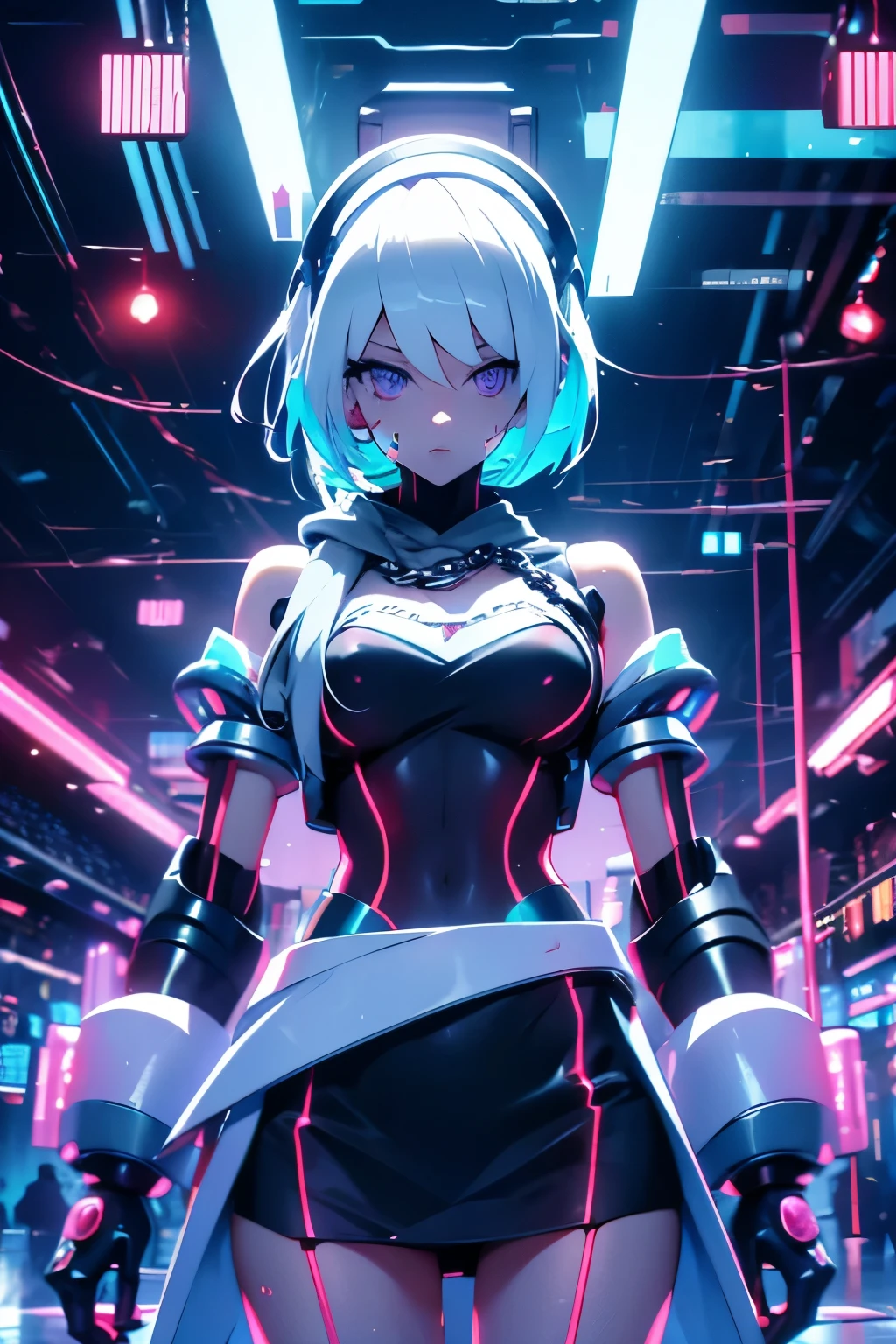 Android Girl,white hair,short and messy hair, purple neon eyes, Holding a chain whip,chains on the hands,chains action, chains around her arm, very cute, skirt, white blouse, cyberpunk style, eletronic gloves, mecanic parts, eletronic details,living room background.HD lighting and dark )(epic image quality) dark atmosphere with bright particle light(many effects in background), dinamic shot, robot, neon tweaks, cyberpunk theme