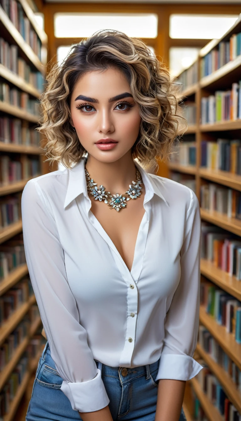 (((beautiful beautiful Isabela Merced, posing for photoshots, looking sexy, closed lips, extremely beautiful eyes))), ((wearing floral silver necklace)), realistic photoshotgraph, highy detailed, Spitz focus, (Main lighting), (indoor bookstore environment), work of art, very short and curly hair, bangss, bangss covering forehead, ((Short blonde hair, selvagem e cacheado e bangss:1.2)) extremely beautiful, Perfect beauty, (perfect shape body, Broad Hips, small waist, thick-thighs, firm abs, Body cute, sexy legs, gorgeous knees knees, kneecaps, focus on the knees, breasts small), ((30 years old)), (extremely detaild 8k wallpaper), ((face detailed)), (((wearing white shirt, saia curta de tweed, kneecaps, knees, nylons with a seam, Strad sandals)), (long dark eyelashes), (((aretes))), (looking at the camera), (((kneecaps)))) (glamor model), (seductive facial expression) (((standing between tall shelves full of books))), extremely detaild, work of art, details Intricate, highy detailed, Spitz focus, skin detailed, realistic skin texture, texture, detailedeyes, high resolution, kodak vision color, photoshot_\(ultra\), Post-processing, maximum detail, roughness, real-life, ultra realistic, photoshotrealism, photoshotgraphy, absurderes, RAW photoshot, highest quallity, high detail RAW color photoshot, professional photoshot, extremely detaild UHD 8k wallpaper unit, best qualityer, high resolution, (work of art, maximum quality, high resolution:1.4), photoshot, cinematic, Film grain, Spitz, soft natural light, magic photoshotgraphy, super verbose