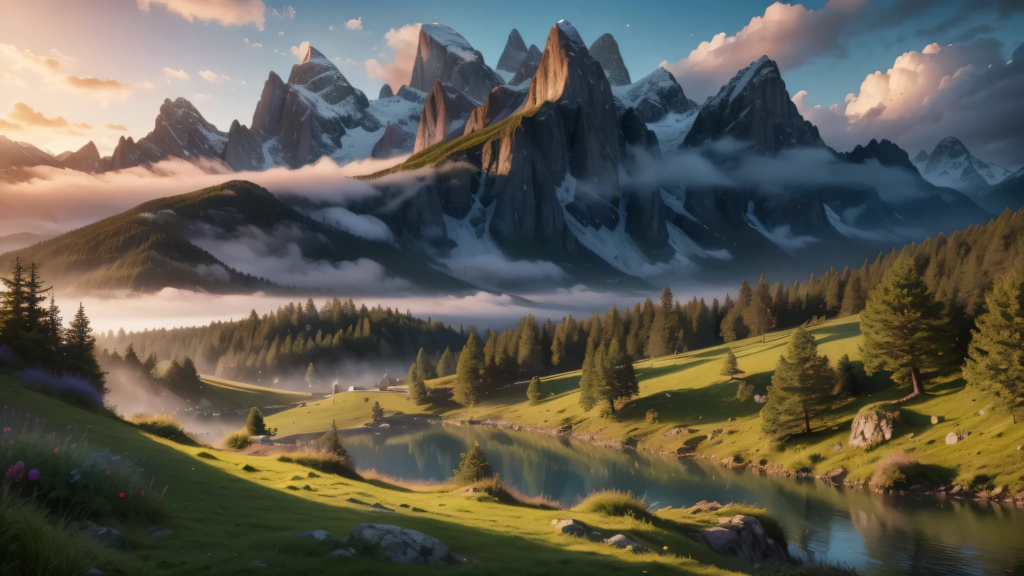 detailed fantasy magical mountainous landscape, rolling hills, lush vegetation, crystal clear lake, dramatic lighting, vivid colors, mist, cinematic composition, (best quality,8k,highres,masterpiece:1.2),ultra-detailed,(realistic,photorealistic,photo-realistic:1.37),dramatic lighting,vibrant colors,stunning scenery,serene atmosphere
