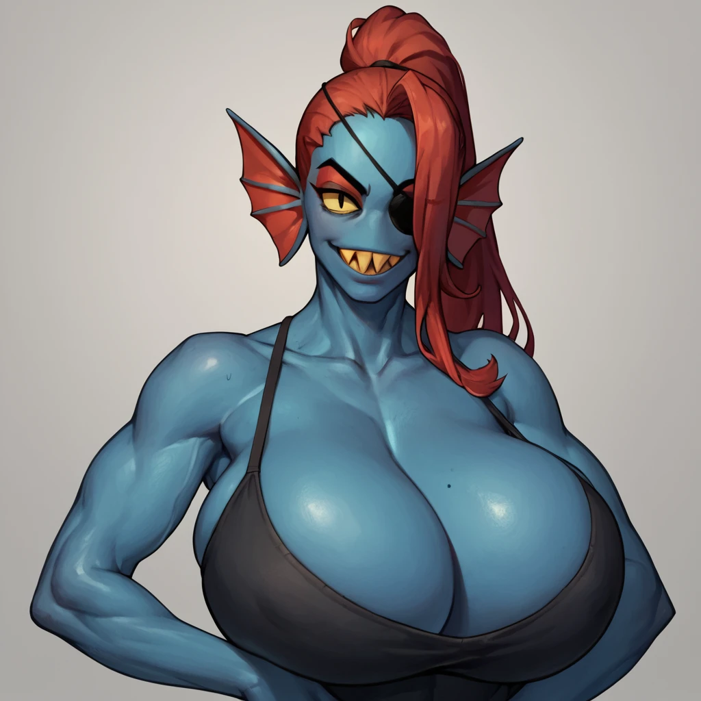 score_9, score_8_up, score_7_up, score_6_up, score_5_up, score_4_up, source_anime, 1girl, undyne \(undertale\), smiling, looking at viewer, portrait huge overfilled breast_implant, huge keep_inflating_Extrem_like a blimp, filling her up more plump , large Breast Implants  fill up, 