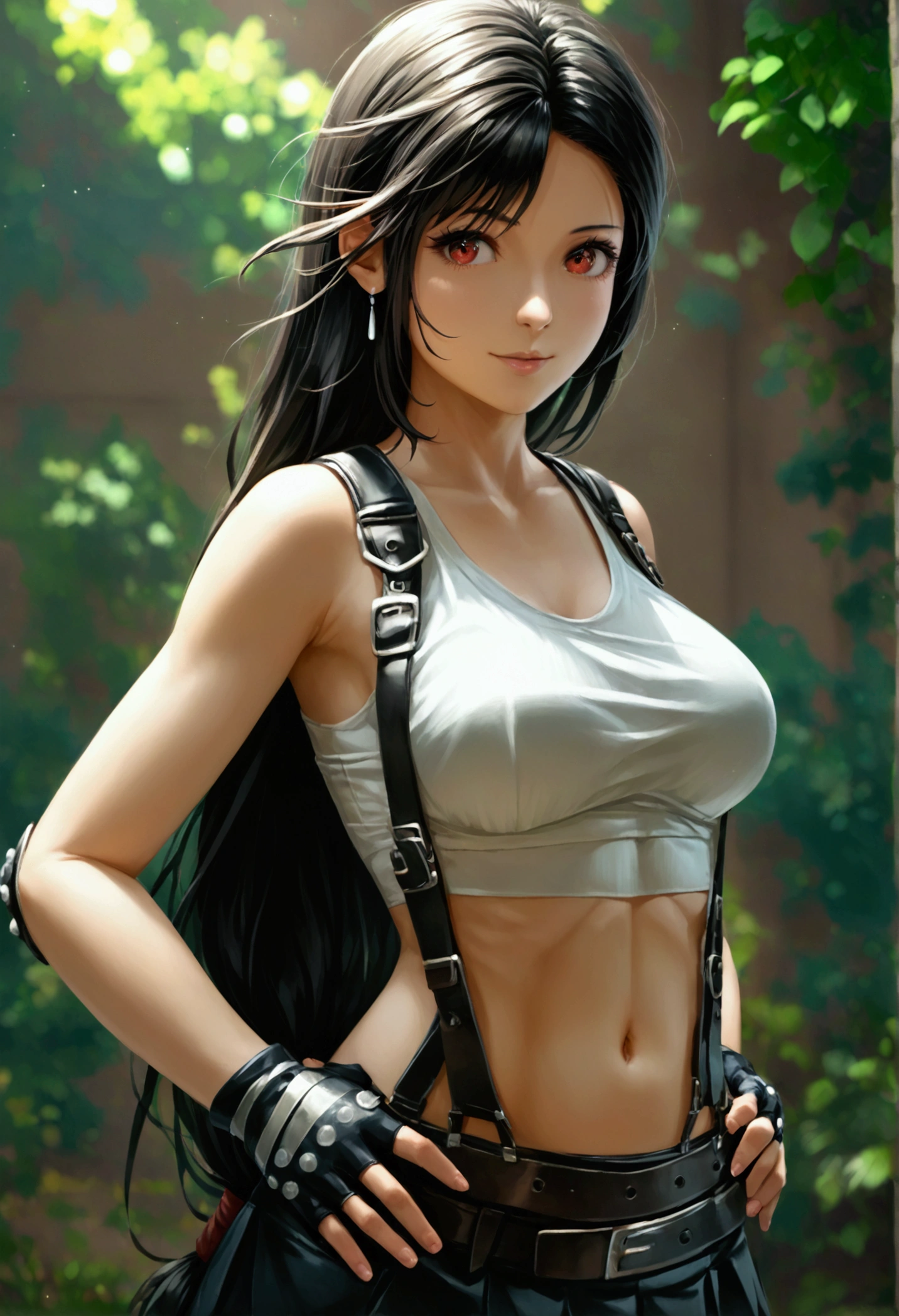 score_9, score_8_up, score_7_up,,BREAK , ,from side,front view,below angle,,standing,contrapost,upperbody ,,straight-on,Solo,1girl, tifa lockhart, final fantasy,ultra beautiful ,black hair, low-tied long hair, red eyes, bangs, (white tank top,gap),High exposure，Belly exposure，the ribs，(belt, pleated skirt, thighhighs, elbow fingerless gloves, elbow pads, midriff, navel,suspenders.skirt),beautiful waist ,((large_breast:1.3)),light smile,,hand on own hip,daytime,outdoor,(ultra detailed),(best quality),(aesthetic,very aesthetic),UHD,photorealistic,game cg.extremely detailed CG unity 8k wallpaper,anime,depth of field,,, 　　