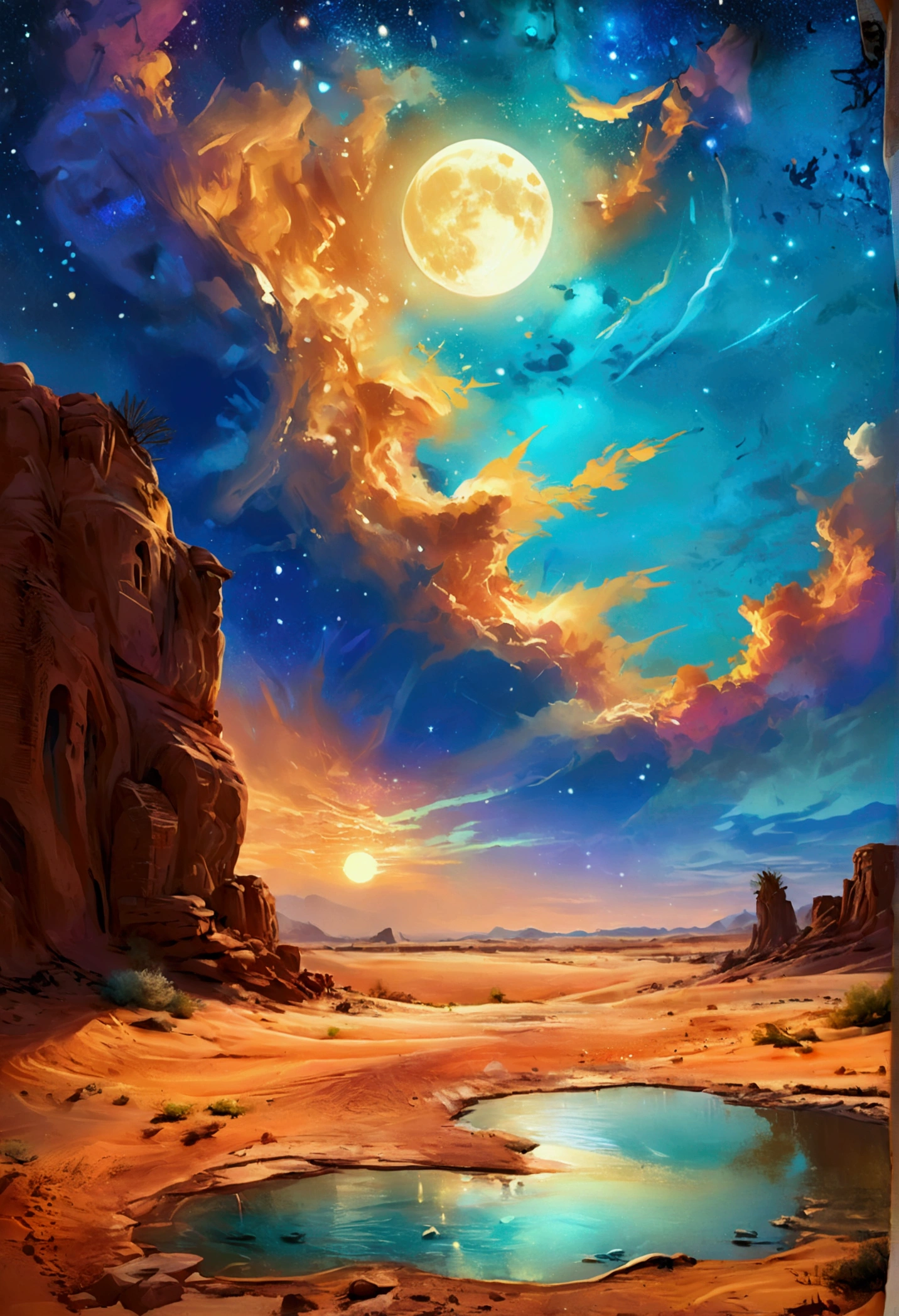 painting of a wasteland with a beautiful oasis, Bela arte UHD 4K, stary night,moonligh,a beautiful art illustration, cute digital painting, digital painting highly detailed, beautiful digital art, wasteland,Arabian Desert , wasteland oasis, detailed painting 4k, very detailed digital painting, rich, picturesque colors, cute digital painting