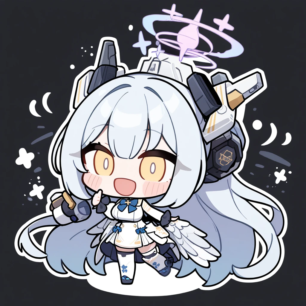 1Girl,mika (blue archive) , blue archive, smile ,big breasts, singing, looking at viewer, black background,masterpiece, aesthetic, newest, white outline,chibi,full body, mecha musume