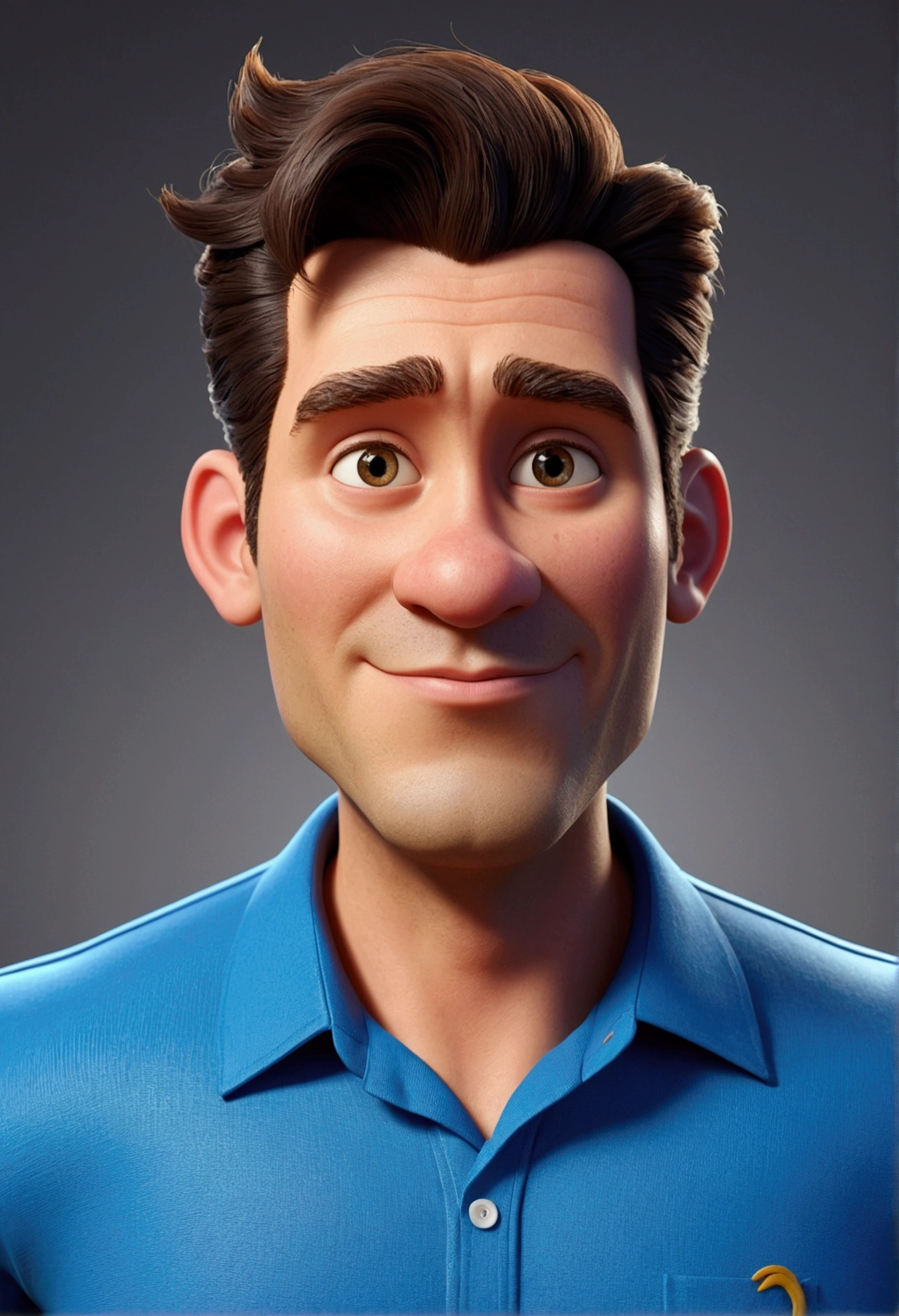 Cartoon character of a man and blue shirt, an animated character, stylized character, animation style rendering, 3d stylized, Arnold Maya rendering, Stylized 3D rendering, toon render screenshot, 3d character, 3d character, Stylized 3D rendering, 3D character rendering, cartoon character, Personagem de close up, character posing, (Pixar-style) (master part:1.2) (bokeh) (best qualityer) (skin detailed) (detailed texture) (8K) (Argilla) (cinematic lighting) (sharp focus，Sit down and lift your upper body