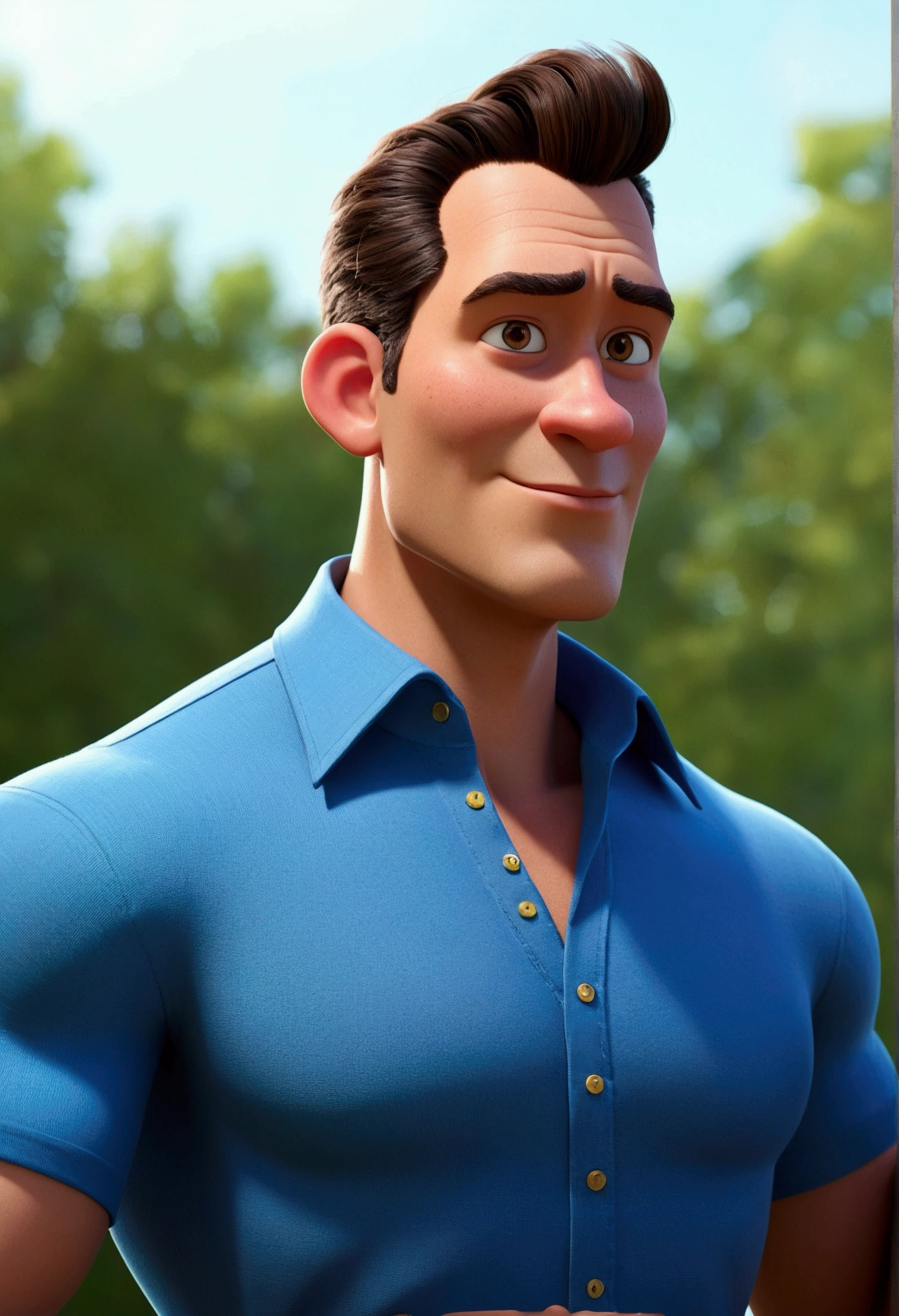 Cartoon character of a man and blue shirt, an animated character, stylized character, animation style rendering, 3d stylized, Arnold Maya rendering, Stylized 3D rendering, toon render screenshot, 3d character, 3d character, Stylized 3D rendering, 3D character rendering, cartoon character, Personagem de close up, character posing, (Pixar-style) (master part:1.2) (bokeh) (best qualityer) (skin detailed) (detailed texture) (8K) (Argilla) (cinematic lighting) (sharp focus，Sit down and lift your upper body