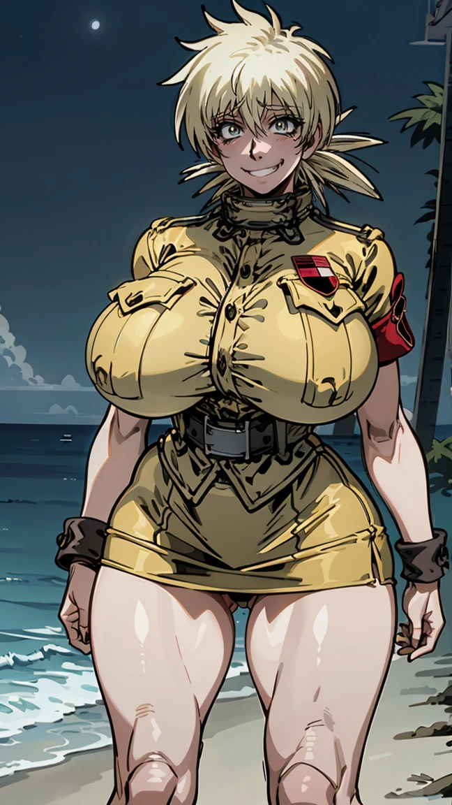 Seras Victoria,  milf, old woman, yellow hair, uniforme militar color arena,  ((sand-colored military uniform, sand colored mini skirt , flushed, smile coqueta, black lipstick)) , (( flushed, smile, oiled skin)), picking up her breasts, (( rubor, Caderas anchas)), Curvy body, (( gigantic sagging breast)), long legs, open legs,Iparuputsua, standing, ((de pie)), on the beach at night, city lights in the distance, Cancun, image from below