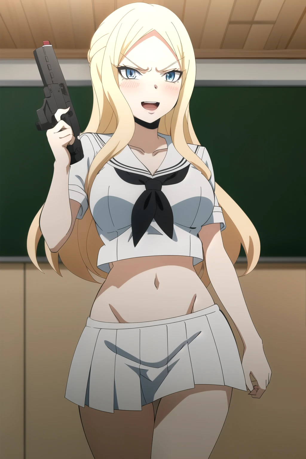 junkoenoshima, junko enoshima, long hair, bangs, blue eyes, pink hair, hair ornament, twintails, bear hair ornament, smile, grin,
masterpiece, best quality, highly detailed, a girls with a gun, evil smile , open mouth, sexy gaze, badass
pose , evil smile, smile, (nsfw) not safe for work, guns blazing, anime girl with long hair, beautiful long
haired girl, navel, evil expression, exposed belly, exposed navel, exposed midriff, exposed lower belly,
long black pants, crop top, cleavage, unbuttoned leather pants ,open fly, low rise black leather pants,
leather jacket, holding a gun, outdoor,street,road, navel piercing