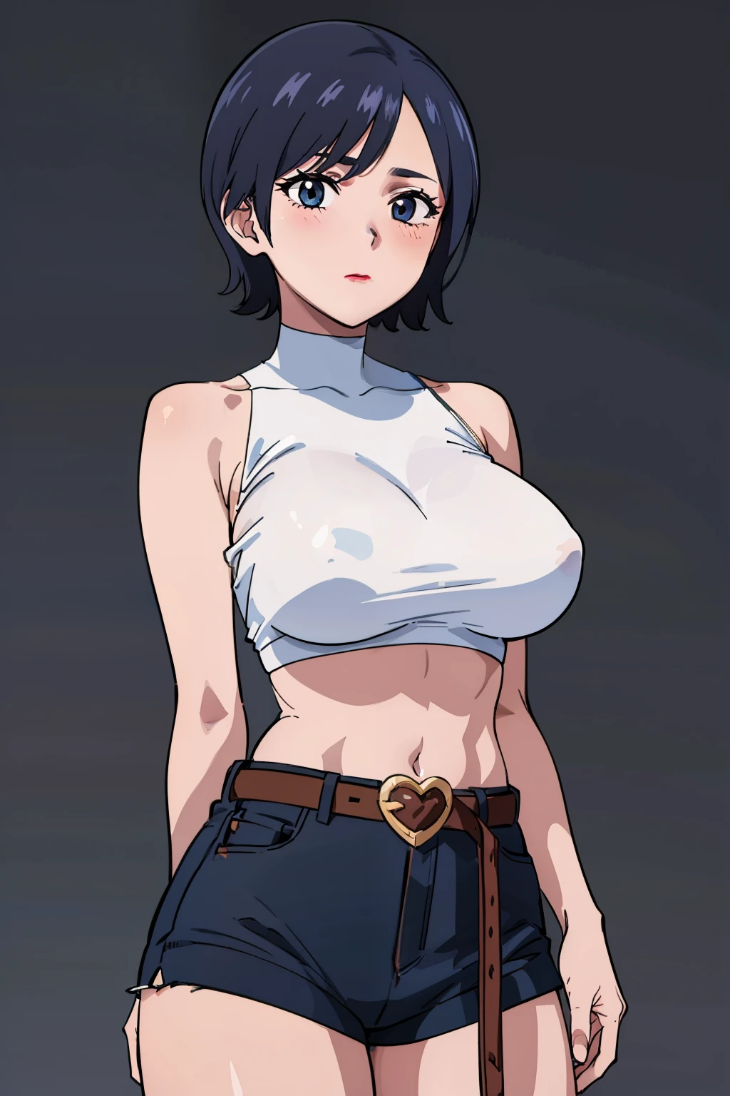 (beautiful detailed eyes, beautiful detailed face, perfect detailed body), mikictr, 1girl, solo, black eyes, short hair, closed mouth, lipstick, blush, large breasts, crop top, no bra, midriff, navel, upper body:1.5, standing, belt, blue short shorts, simple background