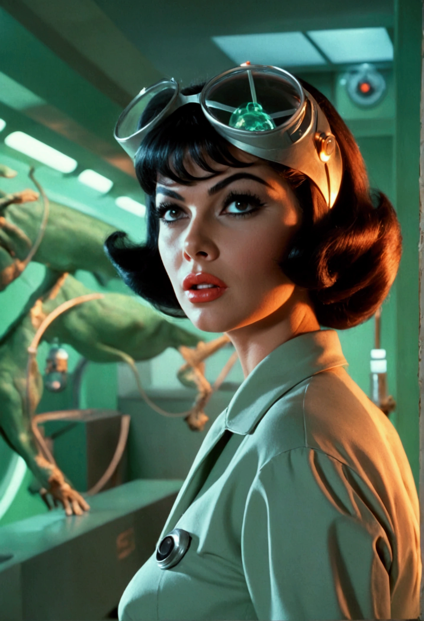jayne mansfield (age 25, young and vibrant, sexy sci fi scientist), damsel in distress, recoiling from a terrible monster. science lab 1960s sci fi cinema. Show all of her, full body shown
