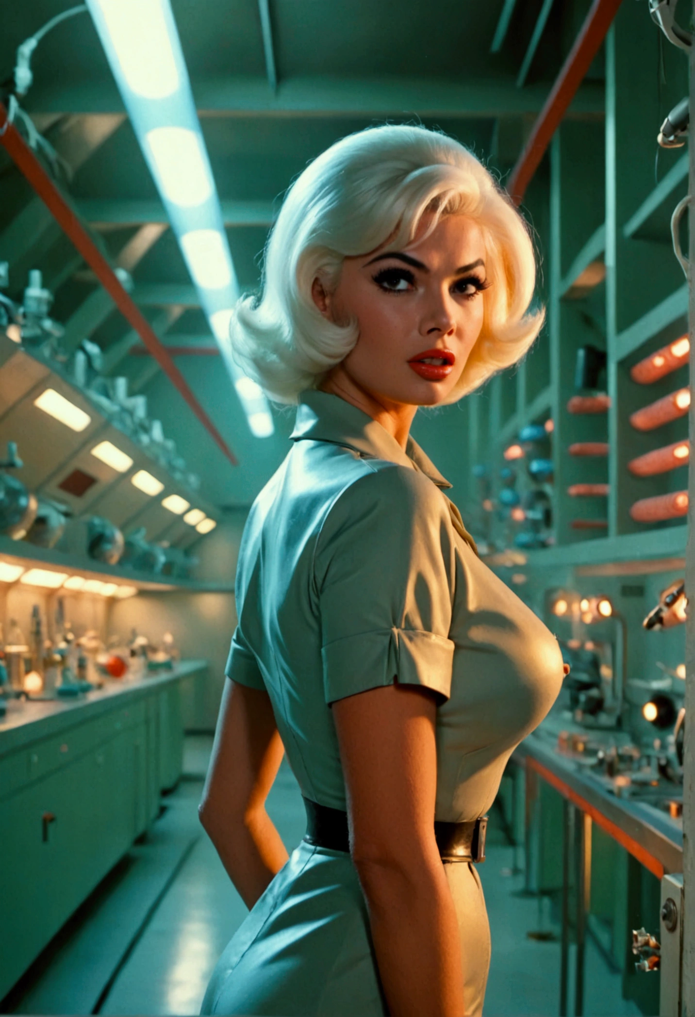jayne mansfield (age 25, young and vibrant, sexy sci fi scientist), damsel in distress, recoiling from a terrible monster. science lab 1960s sci fi cinema. Show all of her, full body shown