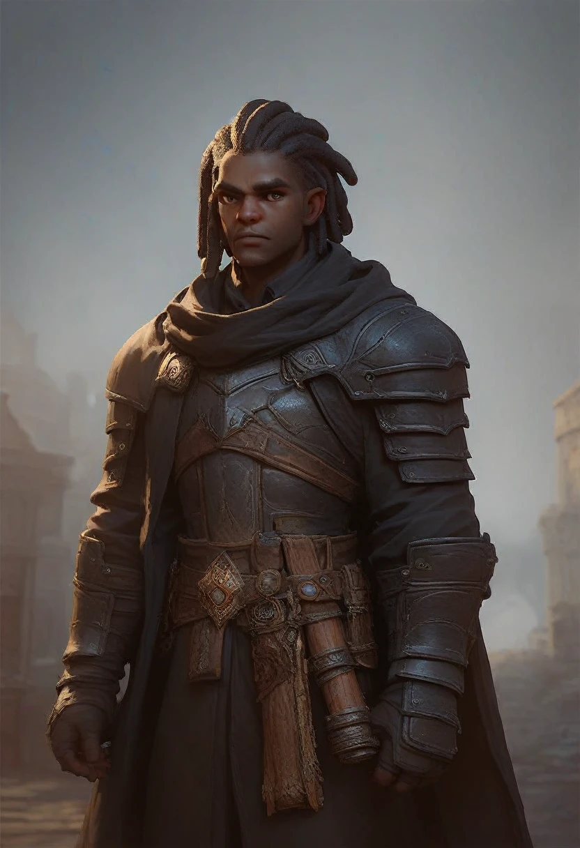 make a character of D&D young black man with short dreadlocks hair, in the paladin class in black armor not very heavy with coats of arms holding a two-handed hammer.