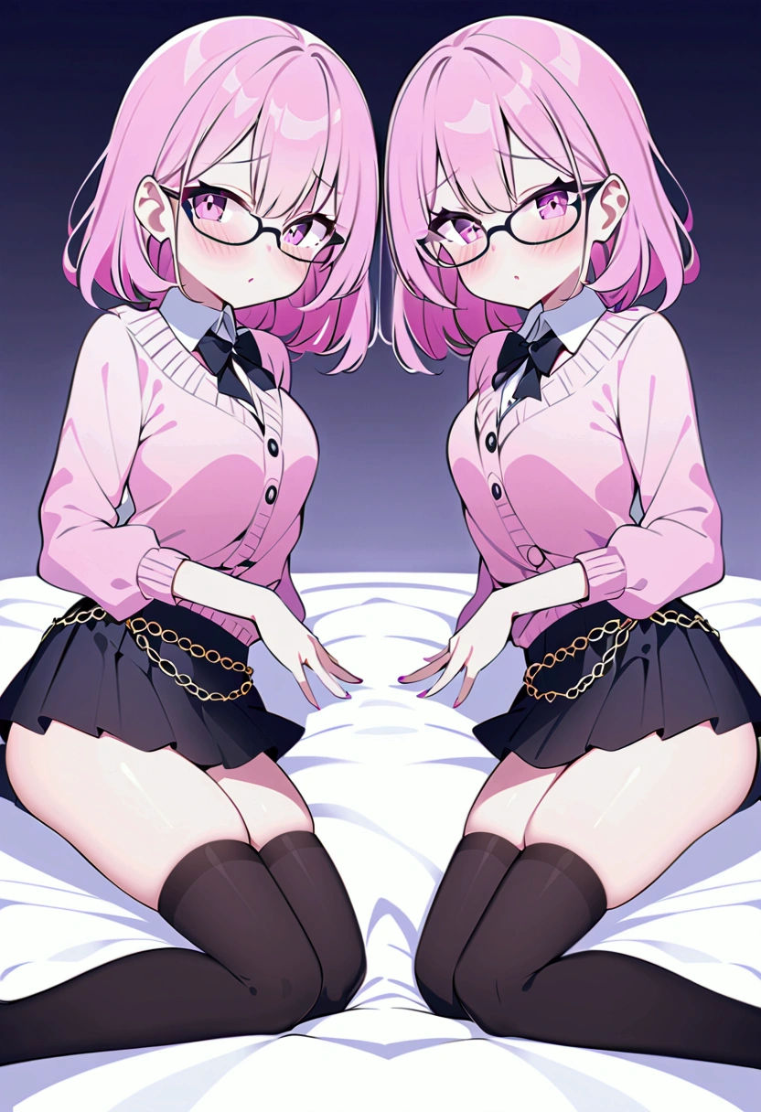 pink hair black glasses pink eyes extremely blushing a large pink sweater short black skirt at the waist chains black stockings that she is a reserved girl her bed that she is on her knees touching her butt