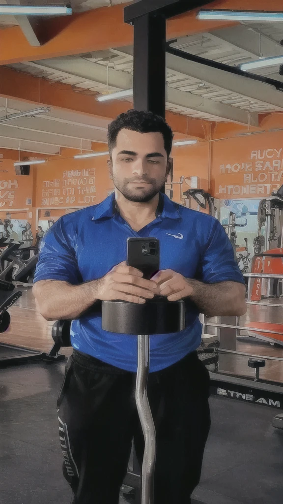 arafed man in a blue shirt is using a cell phone, in a gym, reflection of phone in visor, working out, holds a smart phone in one hand, by Matteo Pérez, in a planet fitness, shot on iphone 1 3 pro max, very accurate photo, competition winning, he is holding a smartphone, holding a very advance phone